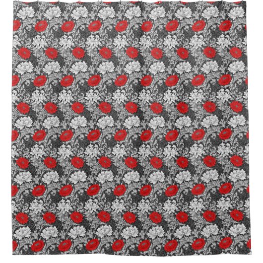 William Morris Chrysanten, Grijs en Rood Douchegordijn (Voorkant)