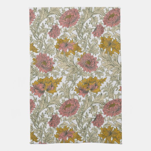 William Morris Chrysanthemum Floral Red Golden Theedoek (Verticaal)