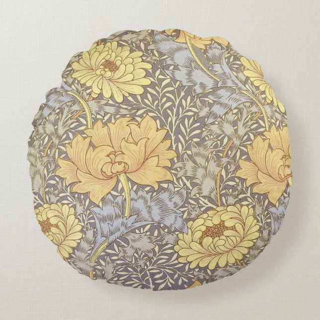 William Morris Chrysanthemum Mum Flowers Rond Kussen (Voorkant)
