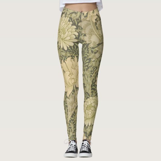 William Morris Chrysanthemum Sage Flower Leggings (Voorkant)