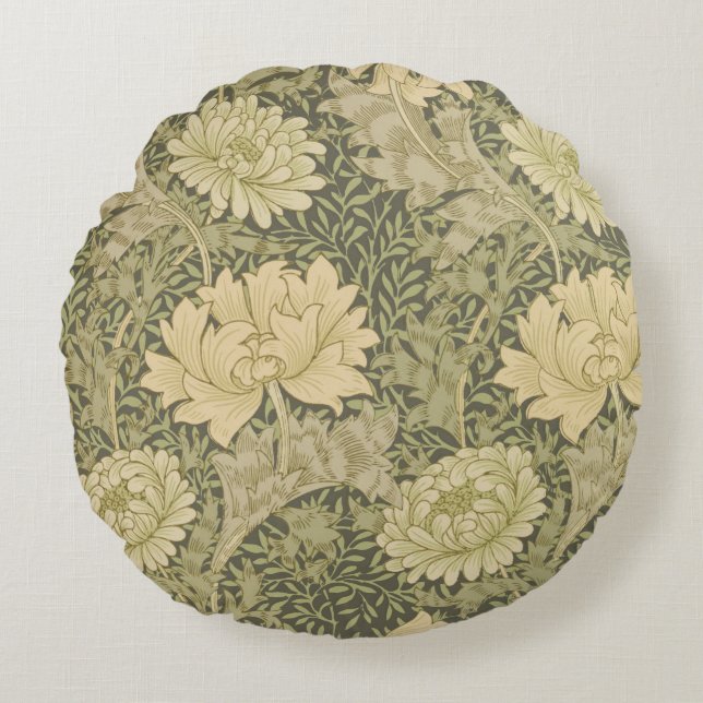 William Morris Chrysanthemum Sage Flower Rond Kussen (Voorkant)