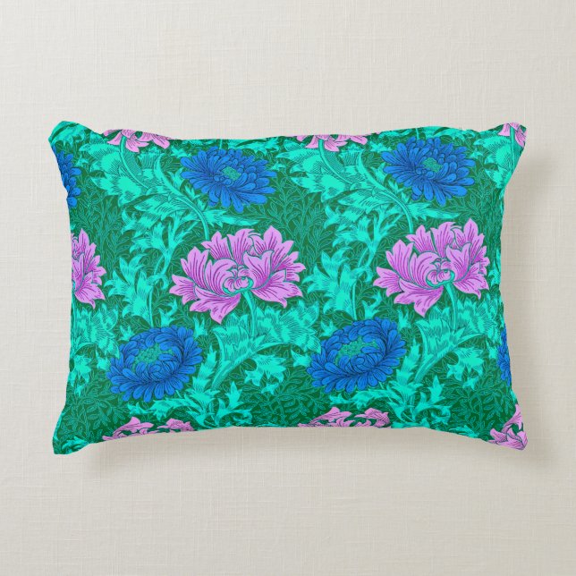 William Morris Chrysanthemums, Aqua en Violet Accent Kussen (Voorkant)
