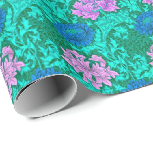 William Morris Chrysanthemums, Aqua en Violet Cadeaupapier (Rol Hoek)
