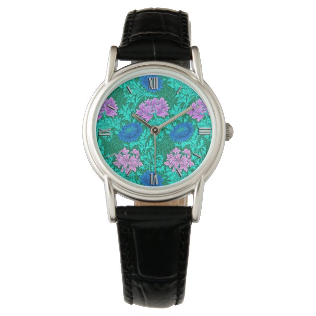 William Morris Chrysanthemums, Aqua en Violet Horloge (Voorkant)