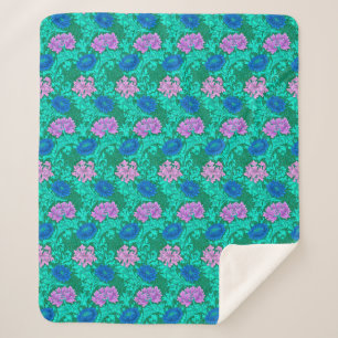 William Morris Chrysanthemums, Aqua en Violet Sherpa Deken