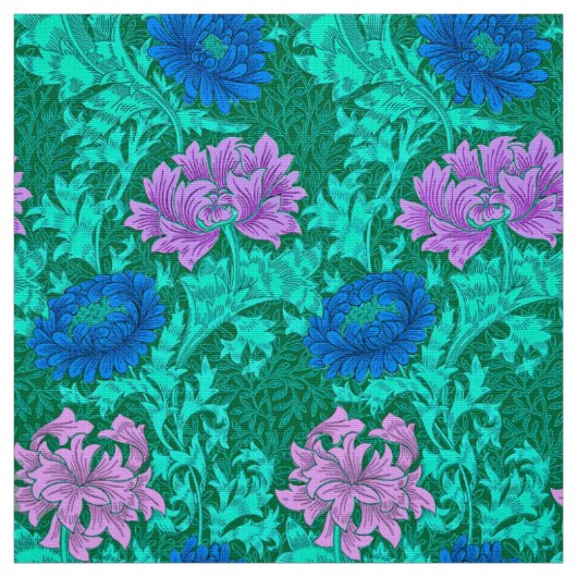 William Morris Chrysanthemums, Aqua en Violet Stof (Swatch)