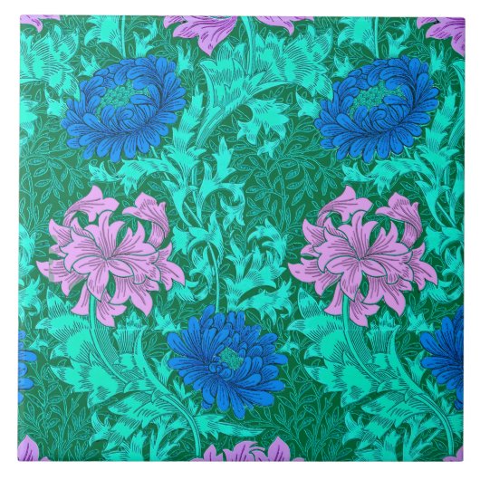 William Morris Chrysanthemums, Aqua en Violet Tegeltje (Voorkant)