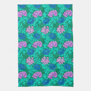 William Morris Chrysanthemums, Aqua en Violet Theedoek
