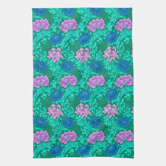 William Morris Chrysanthemums, Aqua en Violet Theedoek (Verticaal)