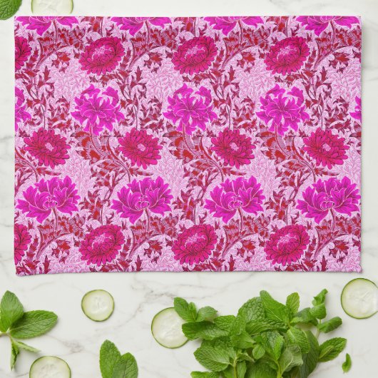 William Morris Chrysanthemums, Bourgogne en roze Theedoek (Gevouwen)