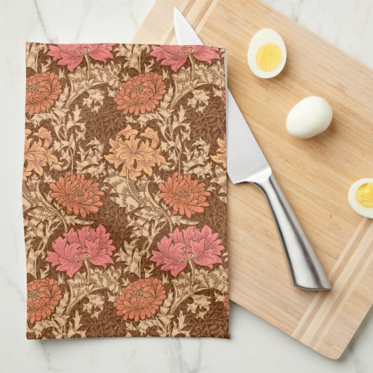 William Morris Chrysanthemums, Brown en Rust Theedoek (Quarter Fold)
