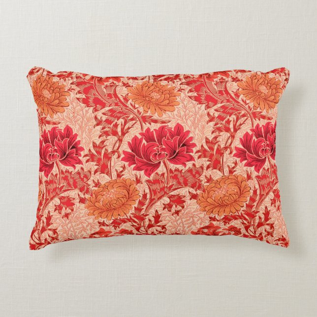 William Morris Chrysanthemums, Coral Oranje Decoratief Kussen (Voorkant)