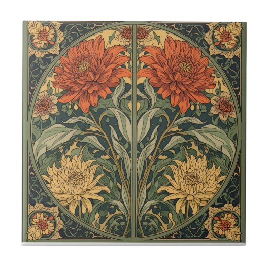 William Morris Chrysanthemums Floral Art Nouveau Tegeltje (Voorkant)