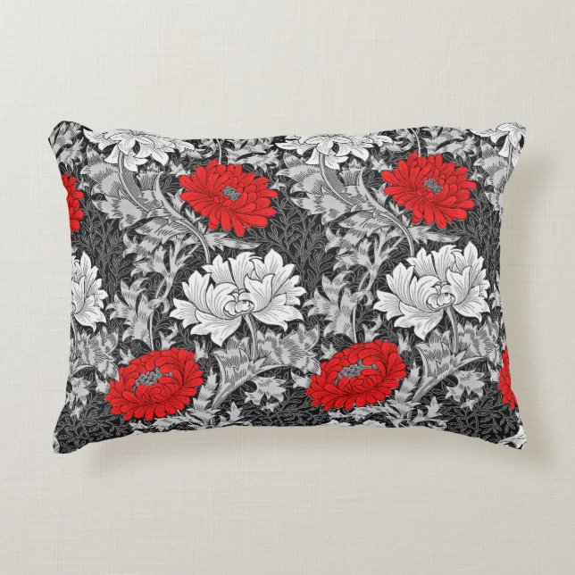 William Morris Chrysanthemums, Grey en Red Accent Kussen (Voorkant)