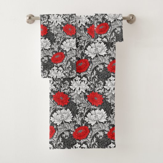 William Morris Chrysanthemums, Grey en Red Bad Handdoek (Insitu)