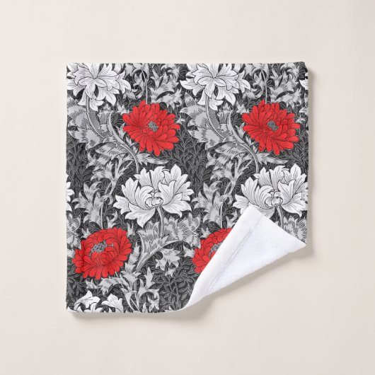 William Morris Chrysanthemums, Grey en Red Bad Handdoek (Wasdoekje)