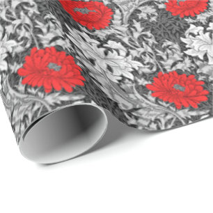 William Morris Chrysanthemums, Grey en Red Cadeaupapier