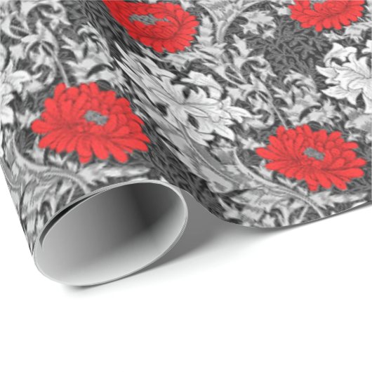 William Morris Chrysanthemums, Grey en Red Cadeaupapier (Rol Hoek)