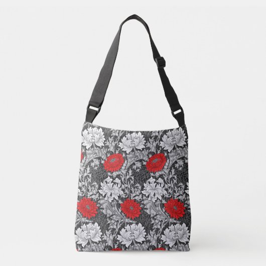 William Morris Chrysanthemums, Grey en Red Crossbody Tas (Voorkant)