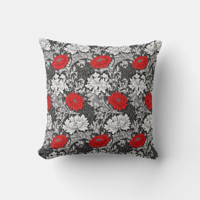 William Morris Chrysanthemums, Grey en Red Kussen (Voorkant)