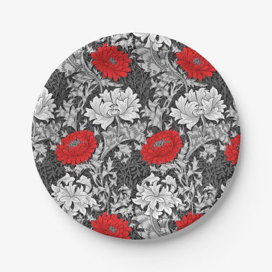 William Morris Chrysanthemums, Grey en Red Papieren Bordje (Voorkant)