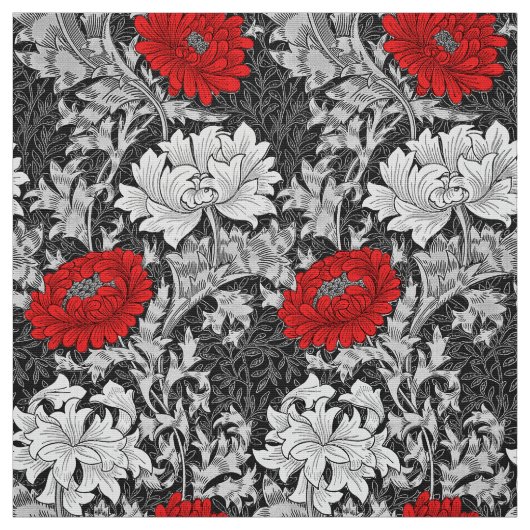 William Morris Chrysanthemums, Grey en Red Stof (Swatch)