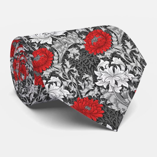 William Morris Chrysanthemums, Grey en Red Stropdas (Opgerold)