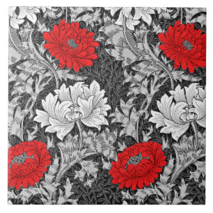 William Morris Chrysanthemums, Grey en Red Tegeltje