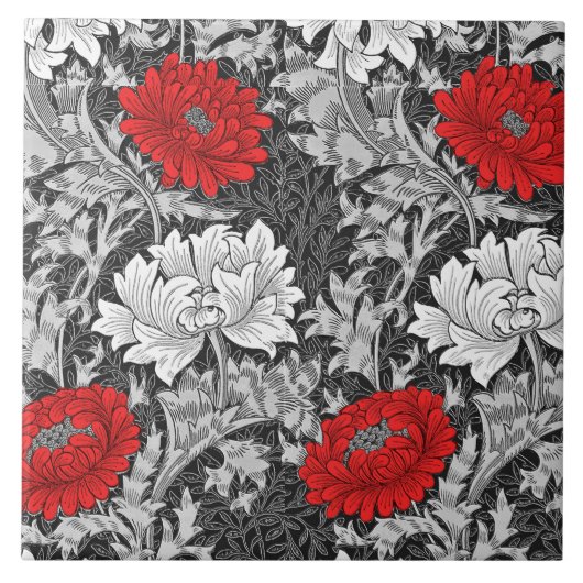 William Morris Chrysanthemums, Grey en Red Tegeltje (Voorkant)