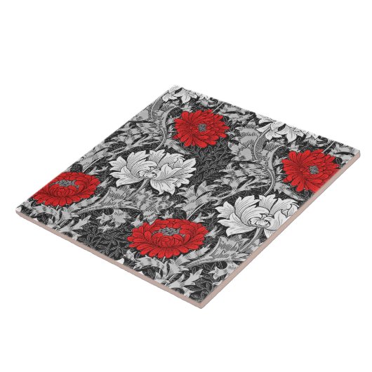 William Morris Chrysanthemums, Grey en Red Tegeltje (Zijkant)