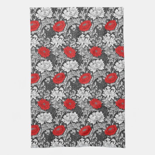 William Morris Chrysanthemums, Grey en Red Theedoek (Verticaal)