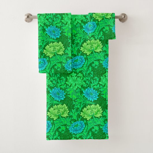 William Morris Chrysanthemums, Lime Green en Aqua Bad Handdoek (Insitu)