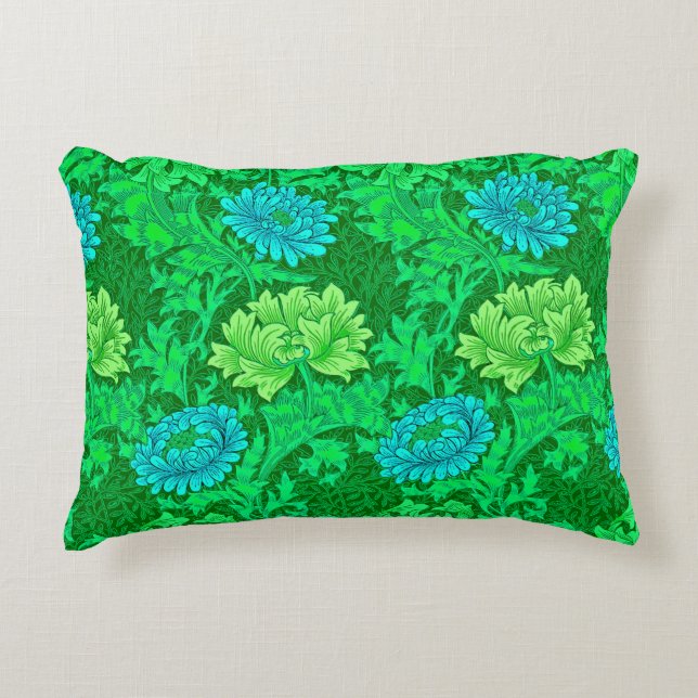 William Morris Chrysanthemums, Lime Green en Aqua Decoratief Kussen (Voorkant)