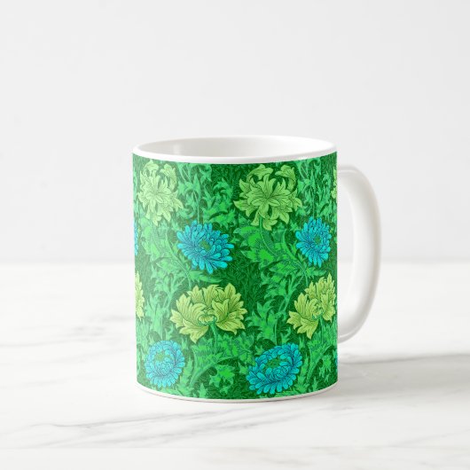 William Morris Chrysanthemums, Lime Green en Aqua Koffiemok (Voorkant rechts)