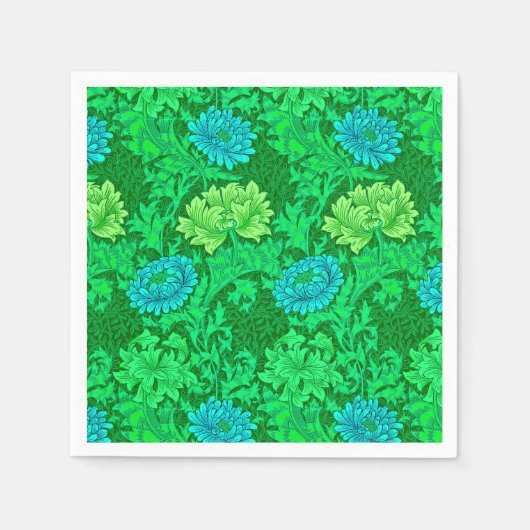 William Morris Chrysanthemums, Lime Green en Aqua Servet (Voorkant)