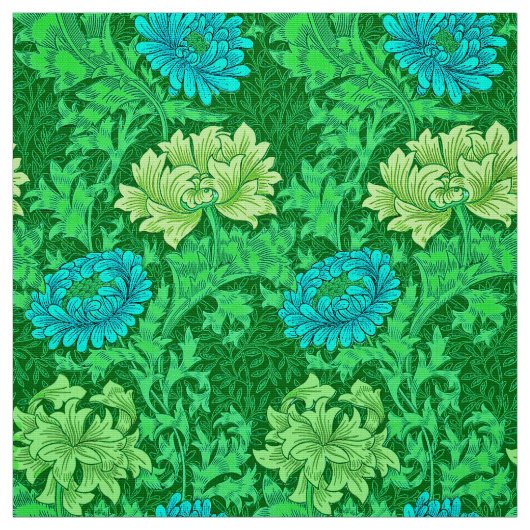 William Morris Chrysanthemums, Lime Green en Aqua Stof (Swatch)