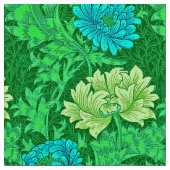 William Morris Chrysanthemums, Lime Green en Aqua Stof (Close Up)