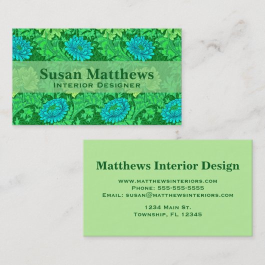 William Morris Chrysanthemums, Lime Green en Aqua Visitekaartje (Voorkant / Achterkant)