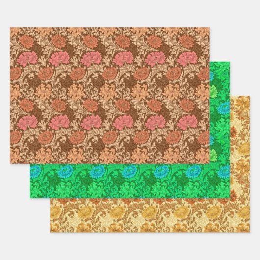 William Morris Chrysanthemums, Rust, Green & Gold Inpakpapier Vel (Set)