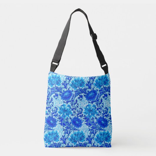 William Morris Chrysanthemums Shades of Denim Blue Crossbody Tas (Voorkant)