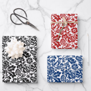 William Morris Damask Black & White, Red, Blue Inpakpapier Vel