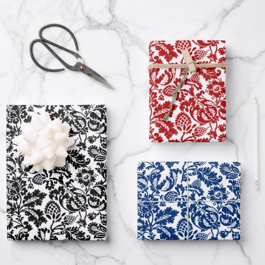 William Morris Damask Black & White, Red, Blue Inpakpapier Vel (Voorkant)