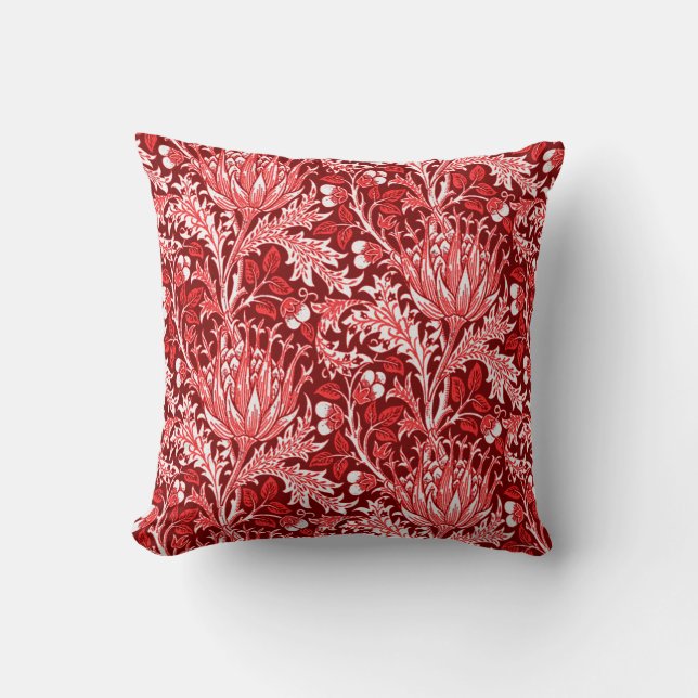 William Morris Damask, Dark Red & White Kussen (Voorkant)