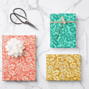 William Morris Damast Koraal, Turquoise en Goud Inpakpapier Vel