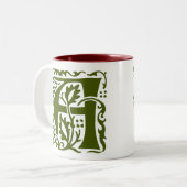 William Morris Dark Green Monogram Arts Crafts Tweekleurige Koffiemok (Voorkant links)