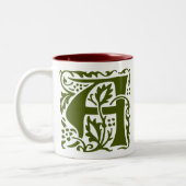 William Morris Dark Green Monogram Arts Crafts Tweekleurige Koffiemok (Links)