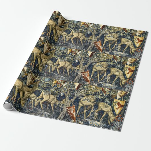 William Morris Deer and Shields in Verdant Realm Cadeaupapier (Uitgerold)