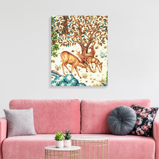 William Morris Deer van een Brook Tapestry Beige Canvas Afdruk (Insitu (Woonkamer))