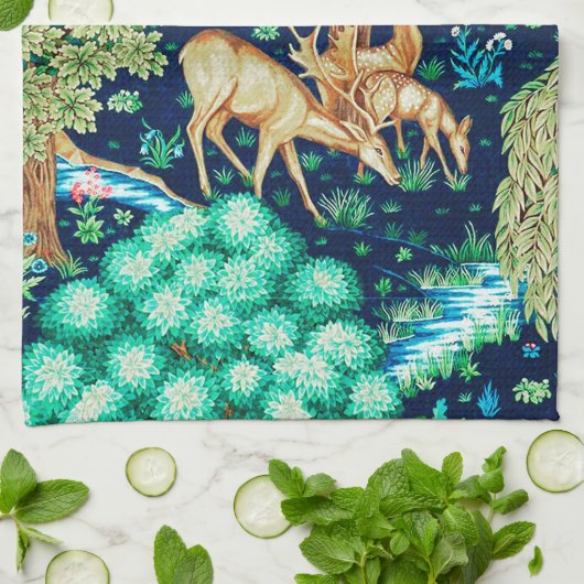 William Morris Deer van een Brook Tapestry Indigo Theedoek (Gevouwen)