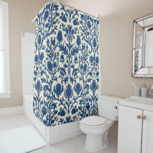 William Morris Distel damast Kobaltblauw & Wit Douchegordijn